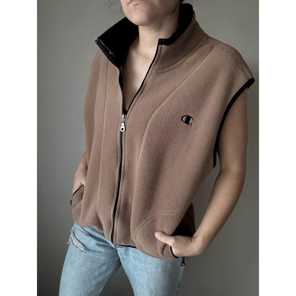 Vintage 90s y2k Champion fleece zip up vest tan black collegiate sporty retro